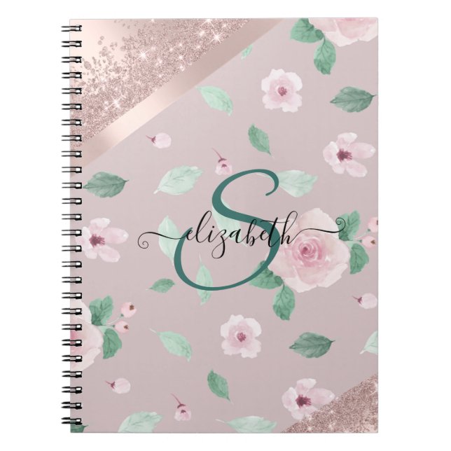 Caderno Espiral Flores de Aquarela Monograma Rosa Dourado (Frente)