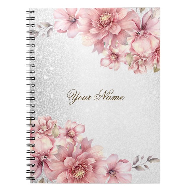 Caderno Espiral Flores de Aquarela Rosa Brilhantes Brilhantes Mode (Frente)