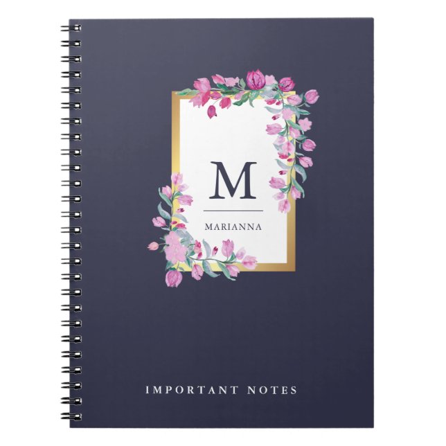 Caderno Espiral Flores de Aquarelas Azuis, Douradas e Rosa (Frente)