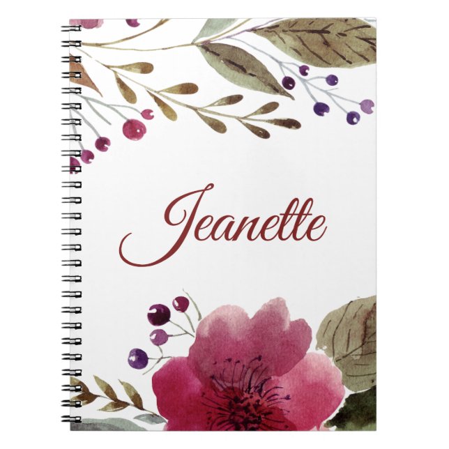 Caderno Espiral Flores De Aquarelas Burgundy Monogramadas (Frente)