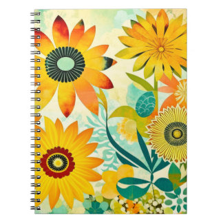 Caderno Espiral Flores de Arte Folclórica bonito Amarelas e Turque