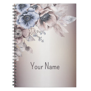 Caderno Espiral Flores de bege azul de Pastel de Aquarela Elegante