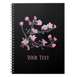 Caderno Espiral Flores de cereja rosa, preto personalizado