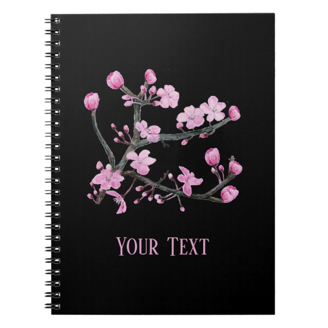Caderno Espiral Flores de cereja rosa, preto personalizado (Frente)
