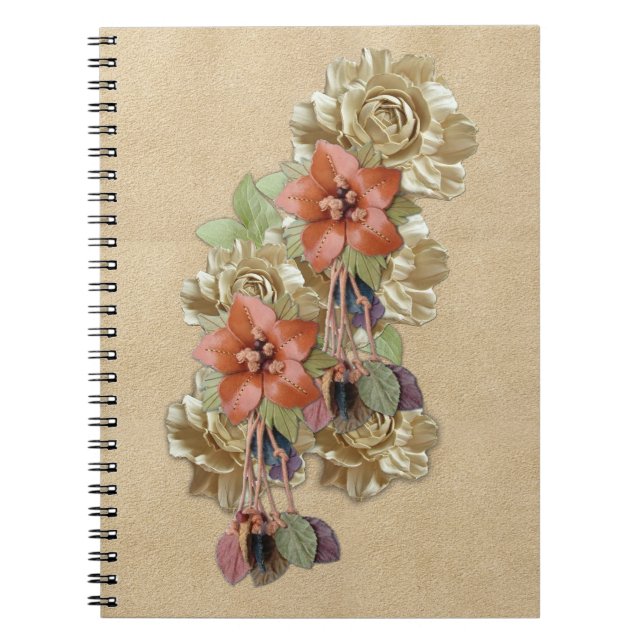 Caderno Espiral Flores de couro em Cream Suede (Frente)