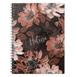 Caderno Espiral Flores de creme, teracote sobre fundo castanho esc