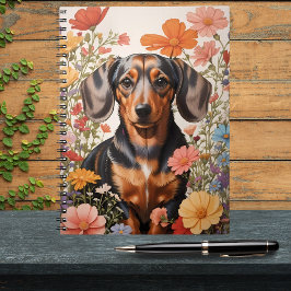 Caderno Espiral Flores De Dachshund Castanho E Cosmos