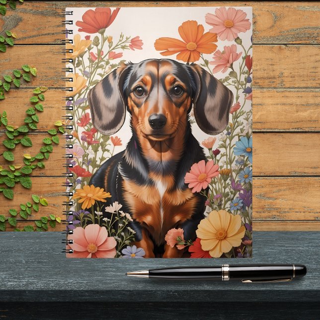 Caderno Espiral Flores De Dachshund Castanho E Cosmos (Criador carregado)