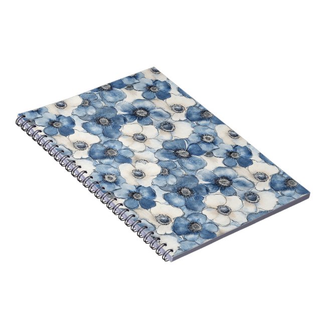 Caderno Espiral Flores de Denim Branco Azul (Lado Direito)