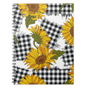 Caderno Espiral Flores de girassol brilhantes em manchas checadas.