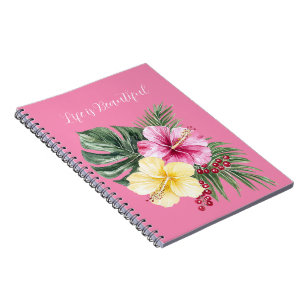 Caderno Espiral Flores de Hibisco Rosa Amarelo Tropical
