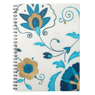 Caderno Espiral Flores de Indigo Douradas com Fundo Branco