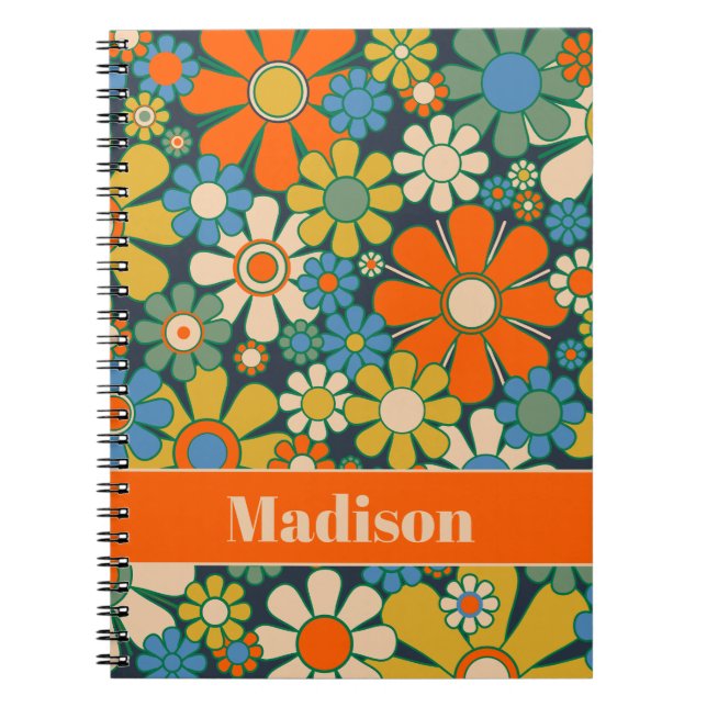 Caderno Espiral Flores de Jardim Retro 60s 70s Personalizadas Flor (Frente)