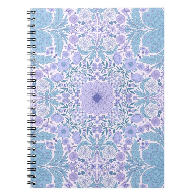 Caderno Espiral Flores de jardim retrô em azul e violeta (Frente)