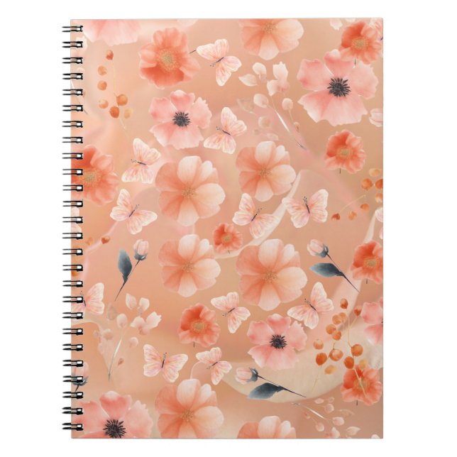 Caderno Espiral Flores de laranja e pêssego e borboleta (Frente)