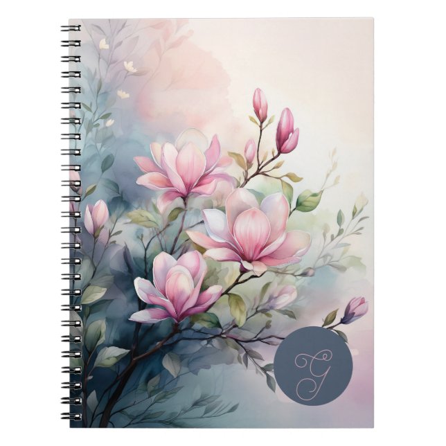Caderno Espiral Flores de Magnólia Rosa Botânica Monogramada (Frente)