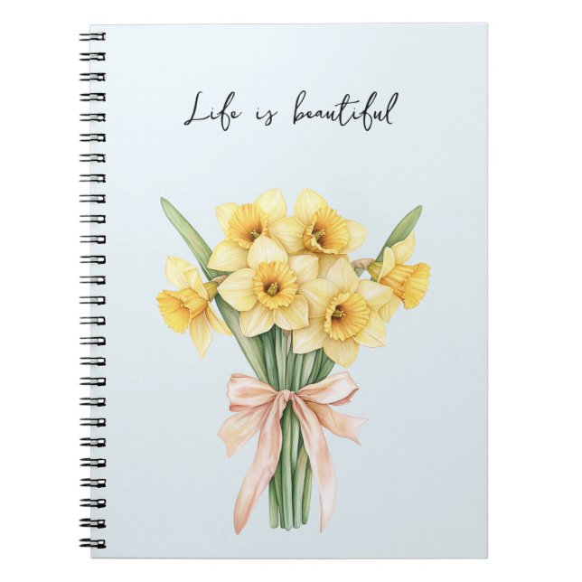 Caderno Espiral Flores de Narciso Amarelo com Laço de Pêssego (Frente)