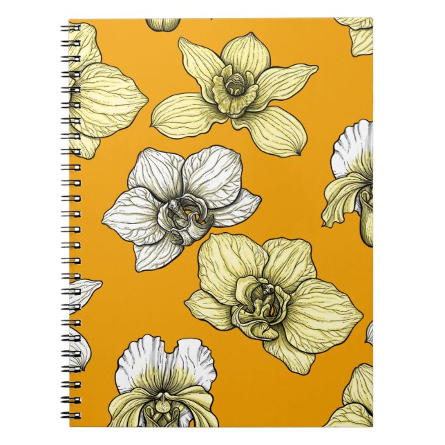 Caderno Espiral Flores de orquídea amarelas e brancas (Frente)