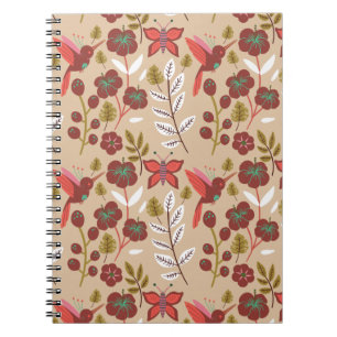 Caderno Espiral Flores de padrão sem costura, pássaros, borboletas