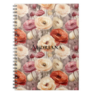 Caderno Espiral Flores de Primavera Creme Borgonha  