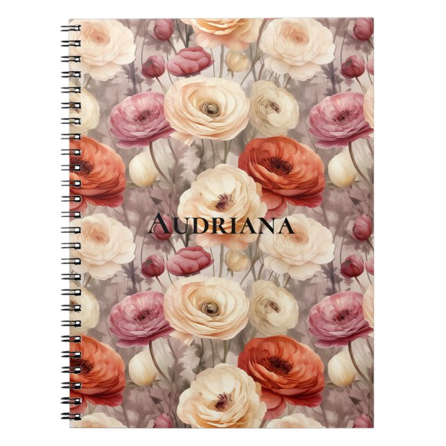 Caderno Espiral Flores de Primavera Creme Borgonha   (Frente)