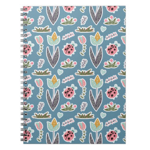 Caderno Espiral Flores de primavera e padrão Ladybug