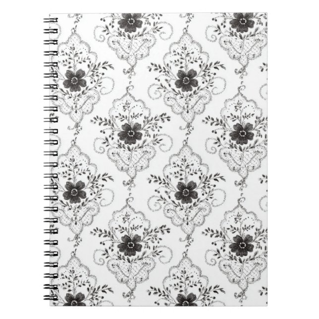 Caderno Espiral Flores de renda falsa preto e branco (Frente)