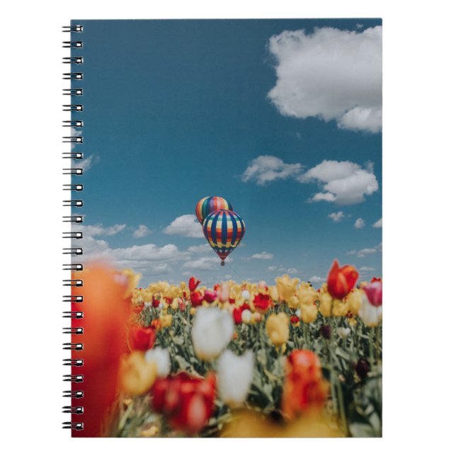Caderno Espiral Flores de tulipas amarelas e vermelhas sob balão d (Frente)