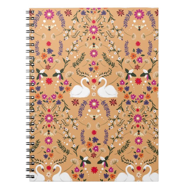 Caderno Espiral Flores delicadas, padrão perfeito para o cisne. (Frente)