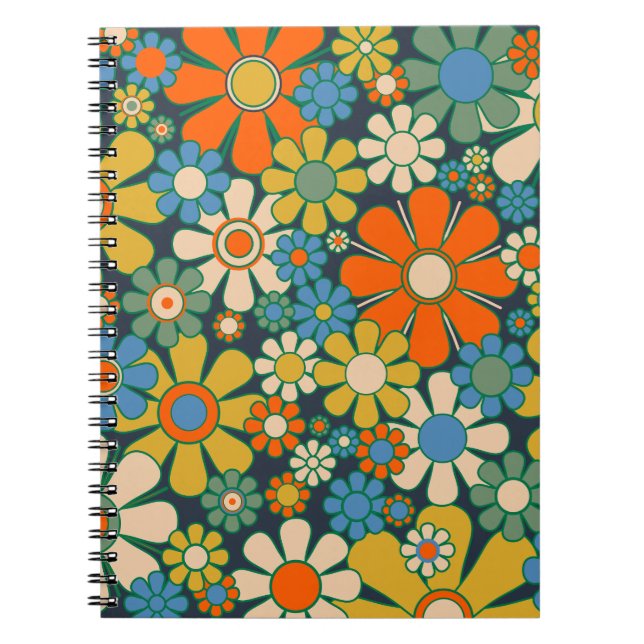 Caderno Espiral Flores do Jardim de Retro 60s 70s Padrão Floral (Frente)