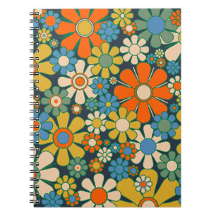 Caderno Espiral Flores do Jardim de Retro 60s 70s Padrão Floral