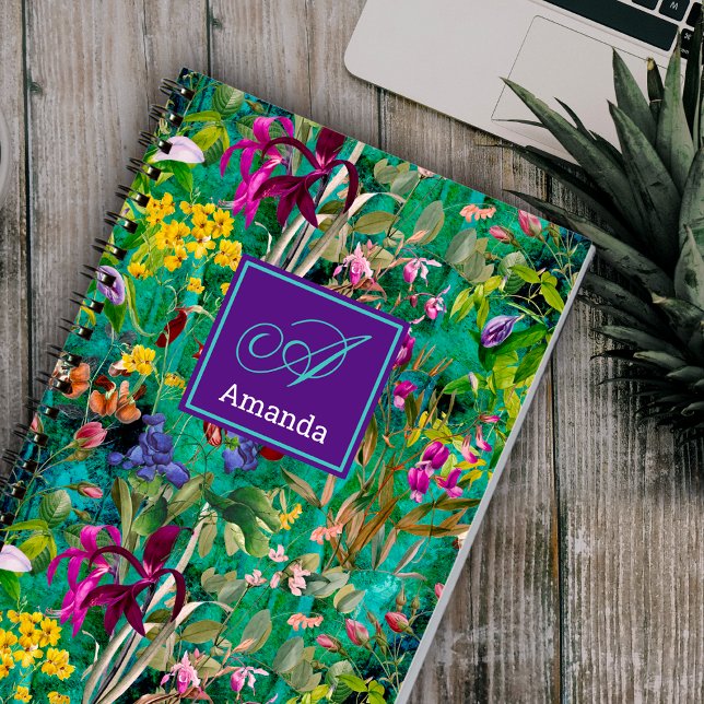 Caderno Espiral Flores doces deixam um padrão de monograma de turq (Criador carregado)