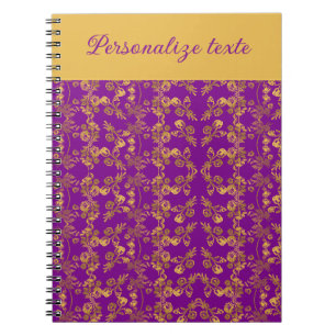Caderno Espiral Flores Douradas Chic padrão roxo personalizado
