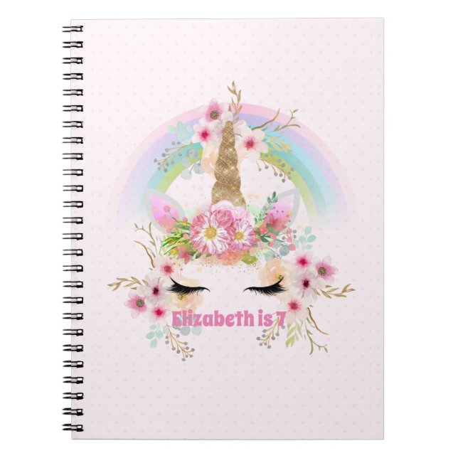 Caderno Espiral Flores Douradas, cor-de-rosa, do UNICORN Rainbow R (Frente)
