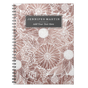 Caderno Espiral Flores Dourados cor-de-rosa florais e folhas que