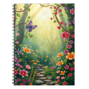 Caderno Espiral Flores e borboleta numa Floresta Tropical Encantad