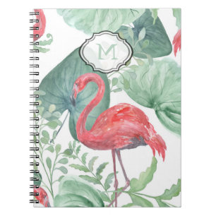 Caderno Espiral Flores e folhas cor de água rosa.