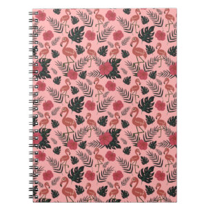 Caderno Espiral Flores e folhas de padrão uniforme, cor-de-rosa,