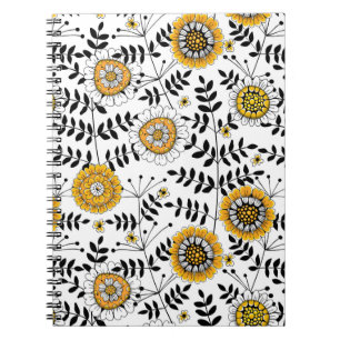 Caderno Espiral Flores e folhas de rabo em amarelo e preto