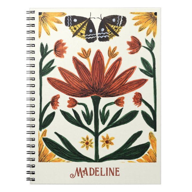 Caderno Espiral Flores e Mariposas Simétricas Abstratas (Frente)