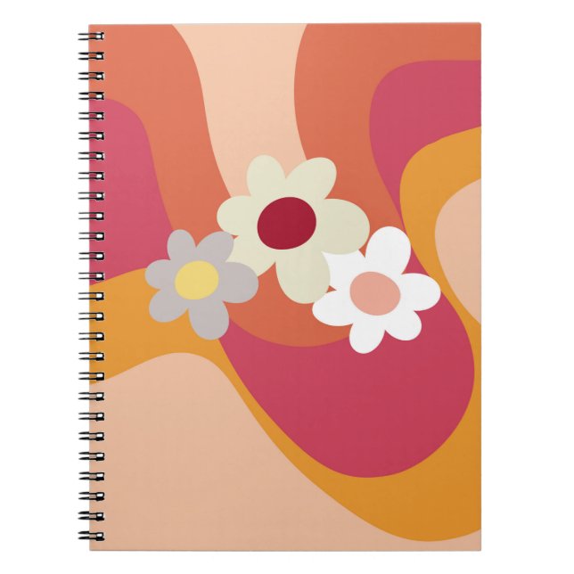 Caderno Espiral Flores e ondas de estilo retrô (Frente)