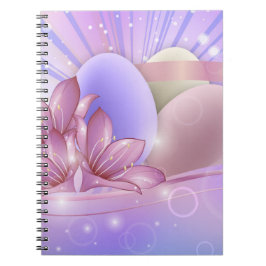 Caderno Espiral Flores e ovos num fundo pastel colorido