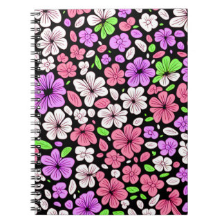 Caderno Espiral Flores e Pétalas Roxas e Rosadas Padrão Preto