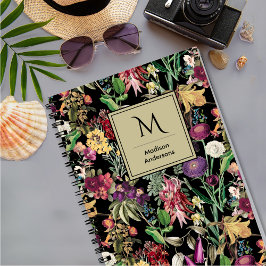 Caderno Espiral Flores elegantes e folhas de padrão floral negro