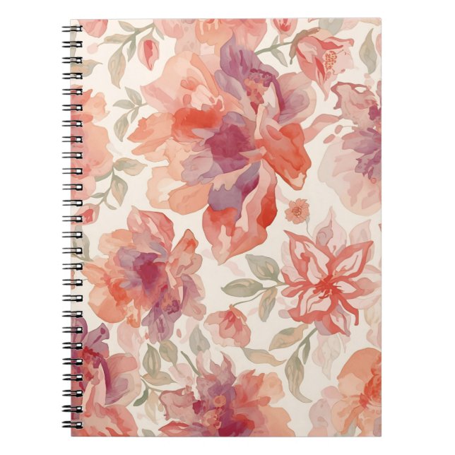 Caderno Espiral Flores em Aquarela Pastel Laranja Claro (Frente)