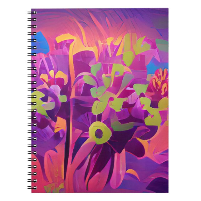 Caderno Espiral Flores em campo colorida arte abstrato digital (Frente)
