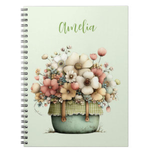 Caderno Espiral Flores em Vasos Aconchegante Shabby Fofo