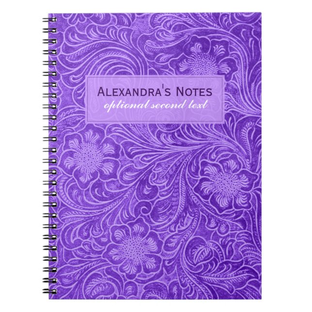 Caderno Espiral Flores Emboscada De Couro-De-Couro-Roxo (Frente)