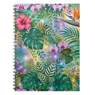 Caderno Espiral Flores Fantasia da Selva Roxo Verde Dourado Sonhad