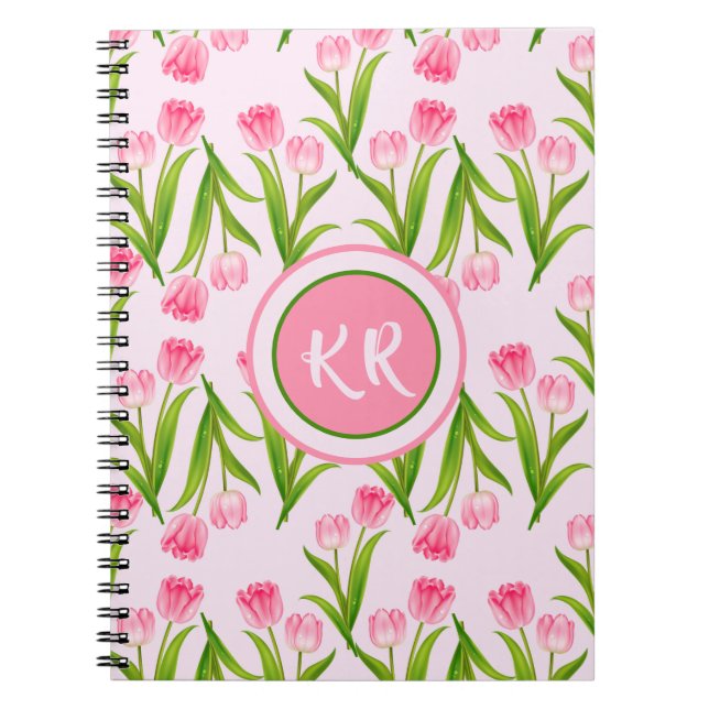 Caderno Espiral Flores Florais bonito De Tulipas Rosa Deixam Monog (Frente)